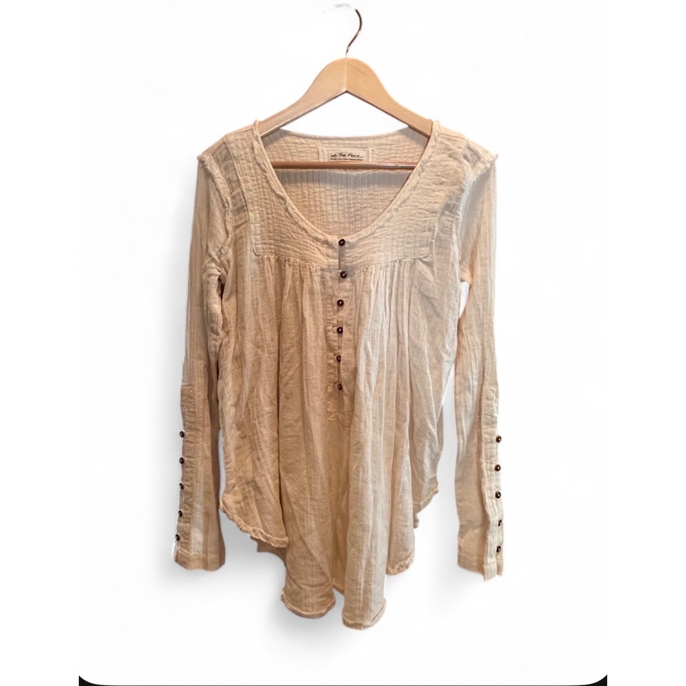 We The Free Free People Cream Gauze Cotton Button Cuff Tunic Top Medium Womens